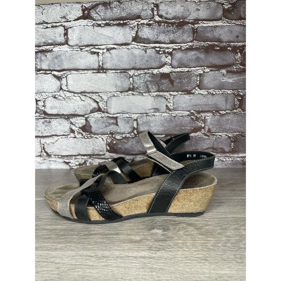 Munro Eden Black Sliver Snakeskin Slingback Cork Wedge Sandals Women 8.5M US/39 - Picture 1 of 16
